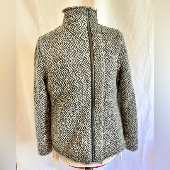 Eileen Fisher wool and Leather Moon High Collar Asymmetrical Jacket Size Large - Picture 3 of 12